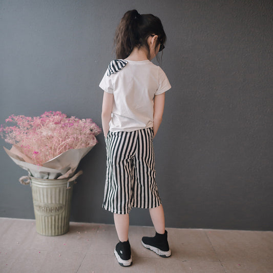 Girls' Striped Wide-Leg Pants and Tee Two Pieces Set