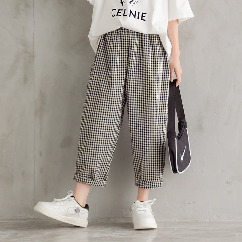 韩版女童宽松T恤和格子七分裤两件套服装套装