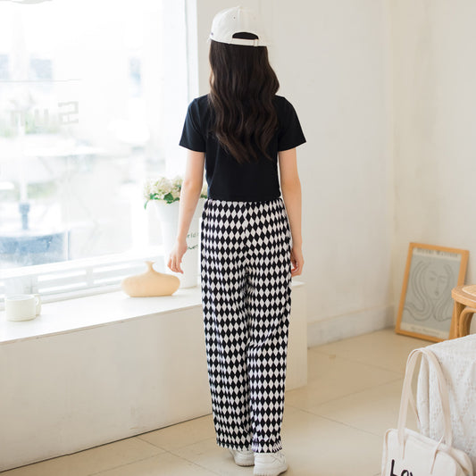 Girls' Checkered T-shirt and Pants Two Pieces Set