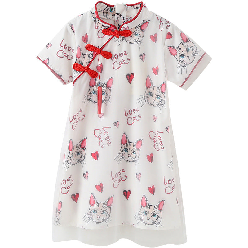旗袍款小猫印花连衣裙