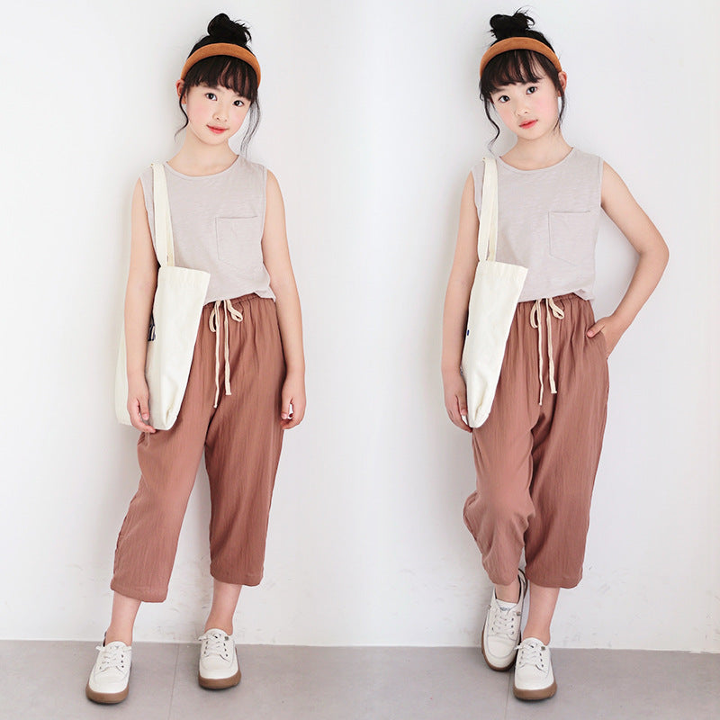 Korean Style Girls' Plain Color Vest and Capri Pants Outfit – SUNJIMISE  Kids Fashion