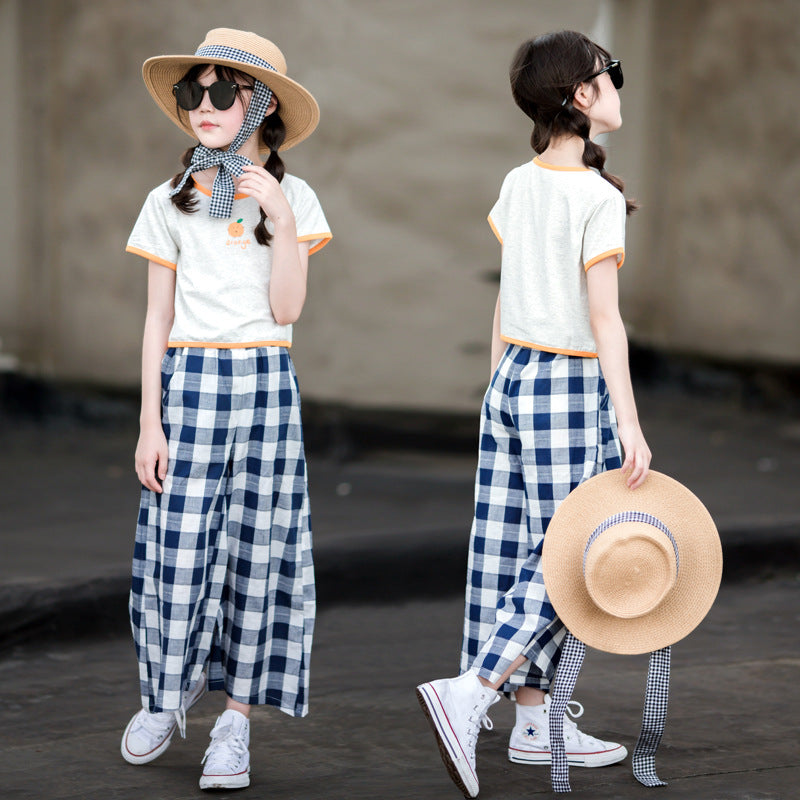 女童格子阔腿裤和卡通T恤两件套