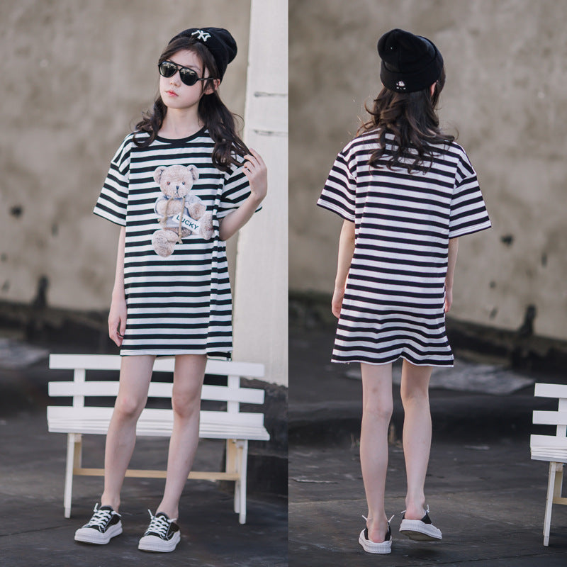 女童中长款条纹短袖T恤