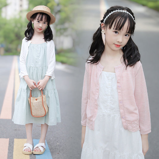 Girls' Korean Style Ice Breeze Knit Cardigan and Plain Color Cake Dress