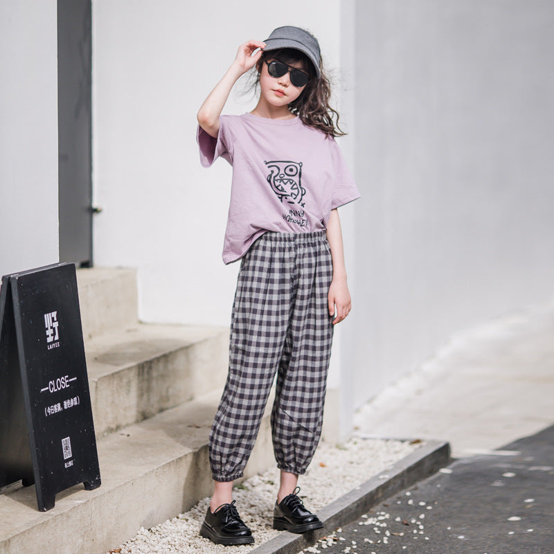 Girls' Casual Short Sleeve T-shirt and Plaid Pants – SUNJIMISE Kids Fashion