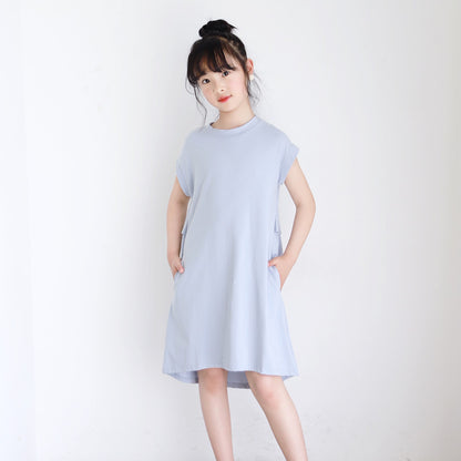 Korean Style Girls' Ruffled Plain Color T-shirt Dress