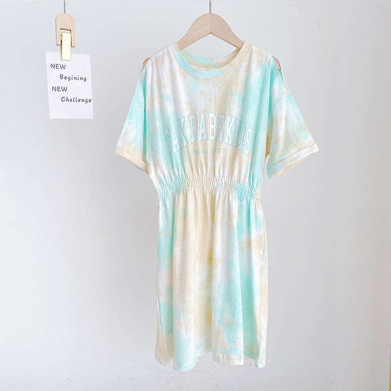Korean Style Girls' Elastic Waist Tie-dye Dress