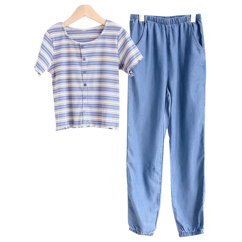 Korean Style Girls' Striped T-shirt and Denim Pants Two-pieces Outfit Set