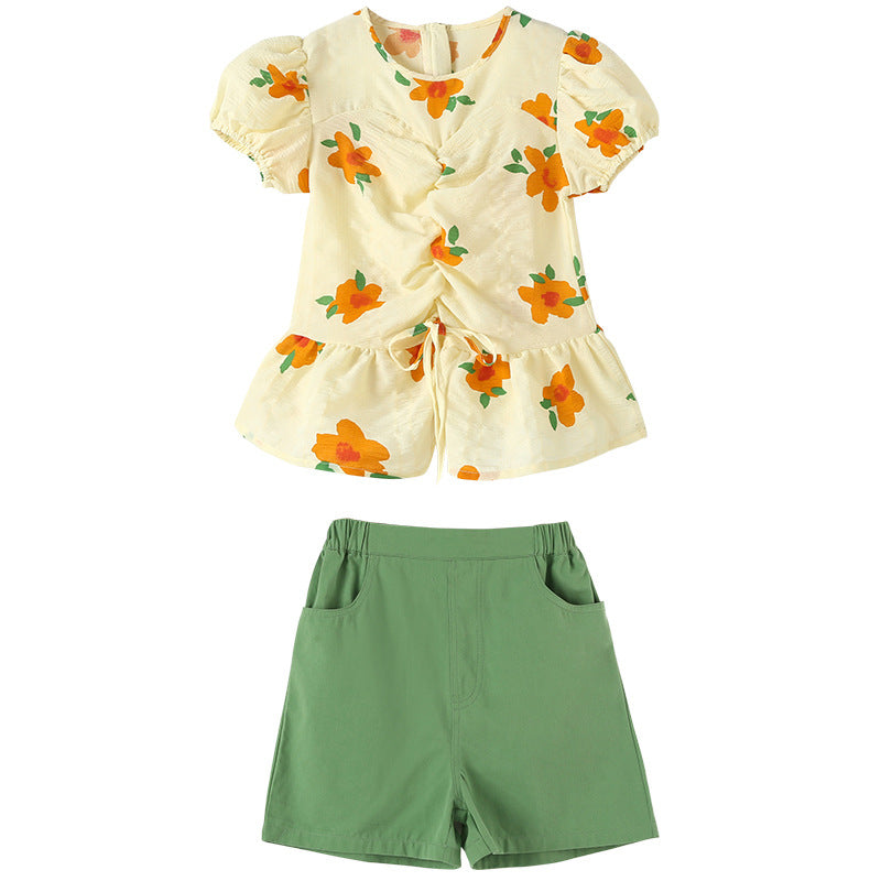 女童花卉印花上衣和短裤两件套服装