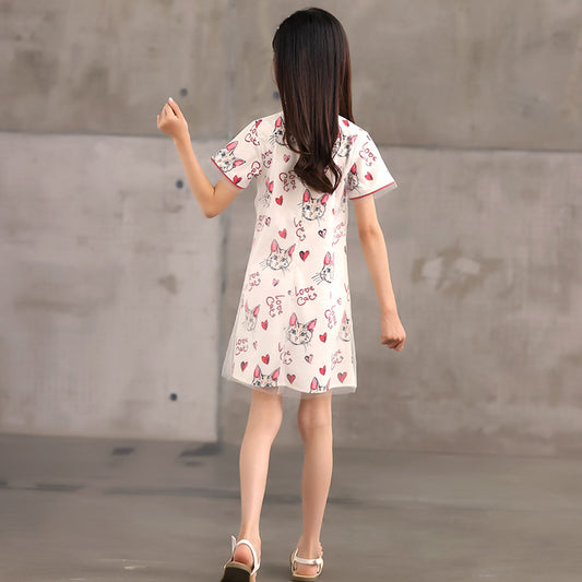 Cheongsam Style Kitten Printed Dress