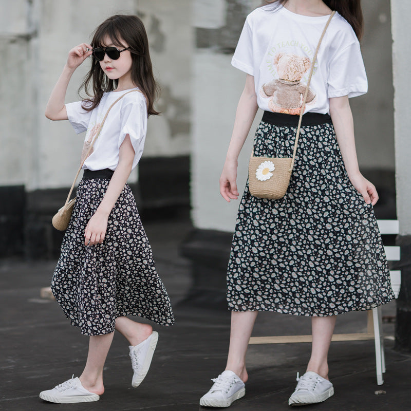 女童花漾清风T恤+短裙两件套