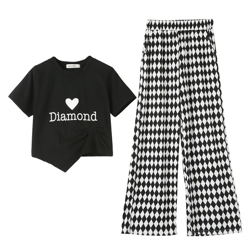 女童格纹T恤和裤子两件套