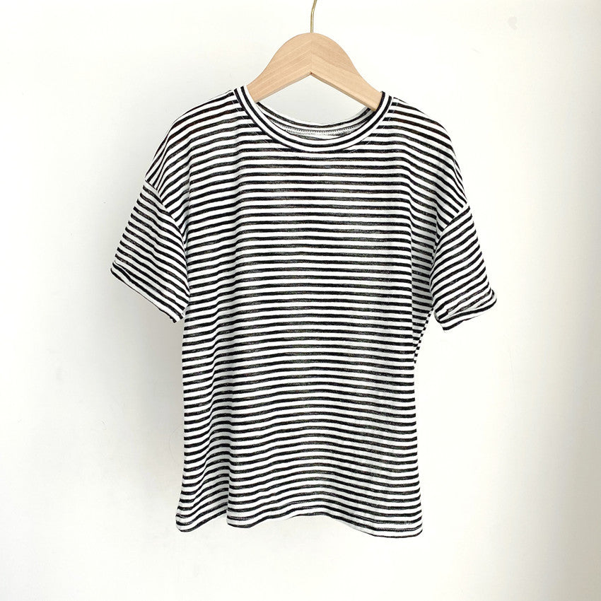 Korean Style Girls' Striped T-shirt and Denim Suspender Pants Two-pieces Outfit Set