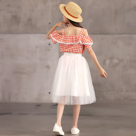 Girls' Checkered Strap Top with Puffy Skirt Two Pieces Set