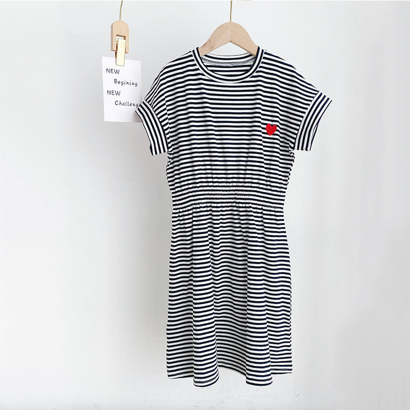 Korean Style Girls' Elastic Waist Striped T-shirt Dress