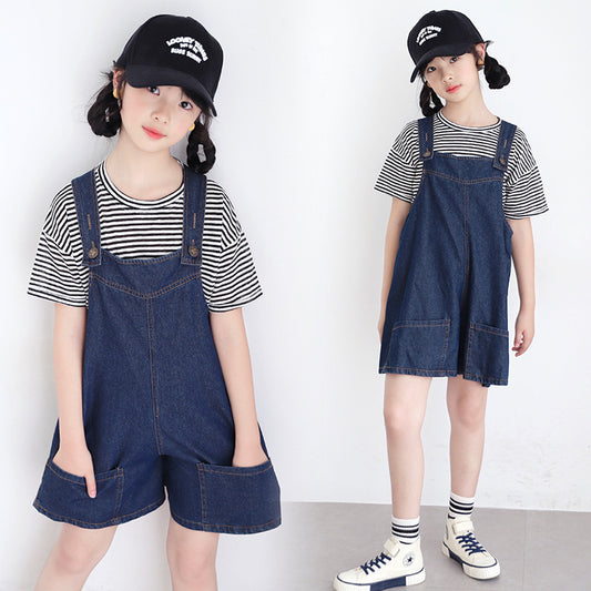 Korean Style Girls' Striped T-shirt and Denim Suspender Pants Two-pieces Outfit Set