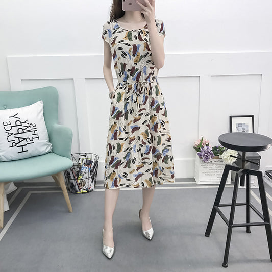 Women's Floral Cotton Silk Drawstring Short Sleeves Dress