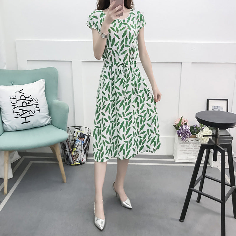 Women's Floral Cotton Silk Drawstring Short Sleeves Dress