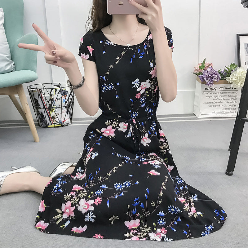 Women's Floral Cotton Silk Drawstring Short Sleeves Dress