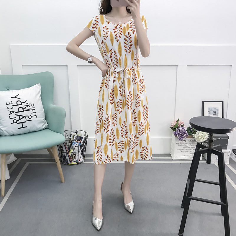 Women's Floral Cotton Silk Drawstring Short Sleeves Dress