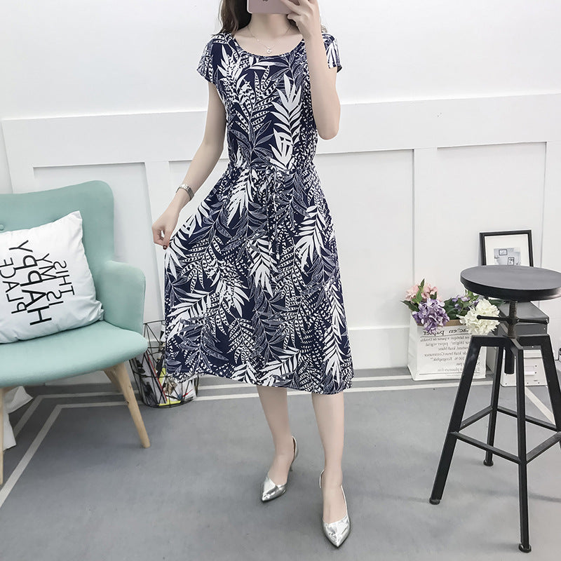 Women's Floral Cotton Silk Drawstring Short Sleeves Dress