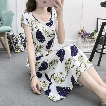 Women's Floral Cotton Silk Drawstring Short Sleeves Dress