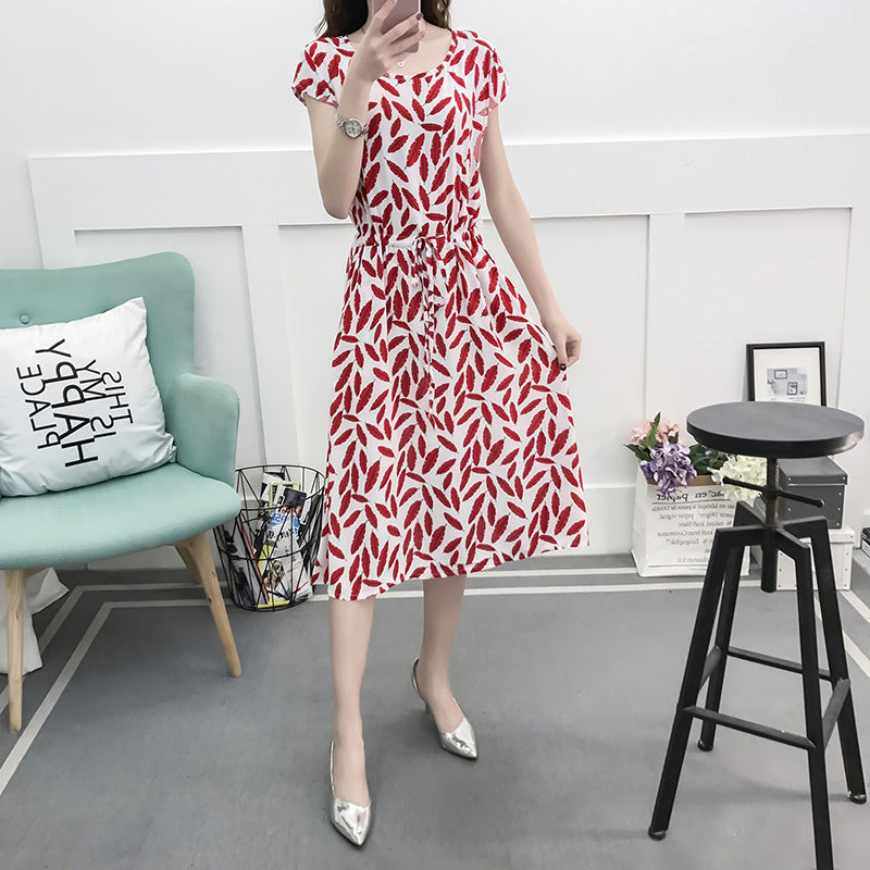 Women's Floral Cotton Silk Drawstring Short Sleeves Dress