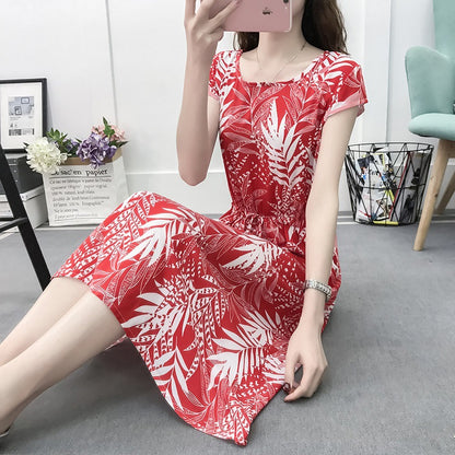 Women's Floral Cotton Silk Drawstring Short Sleeves Dress