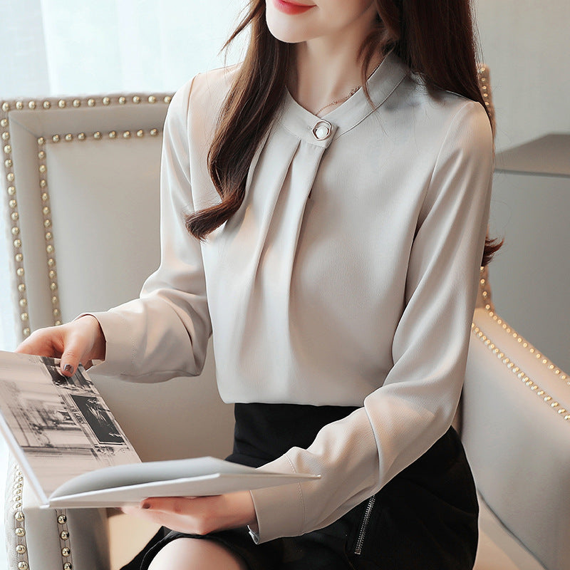 Women's French Style Satin Drape Long Sleeve Chiffon Blouse