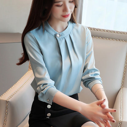 Women's French Style Satin Drape Long Sleeve Chiffon Blouse