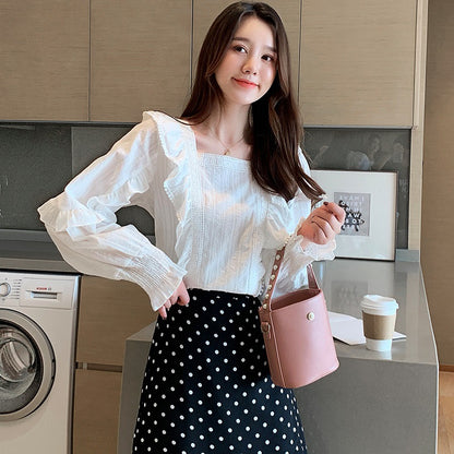 Women's Korean Style Long Sleeve Square Collar Ruffled Lace White Chiffon Blouse