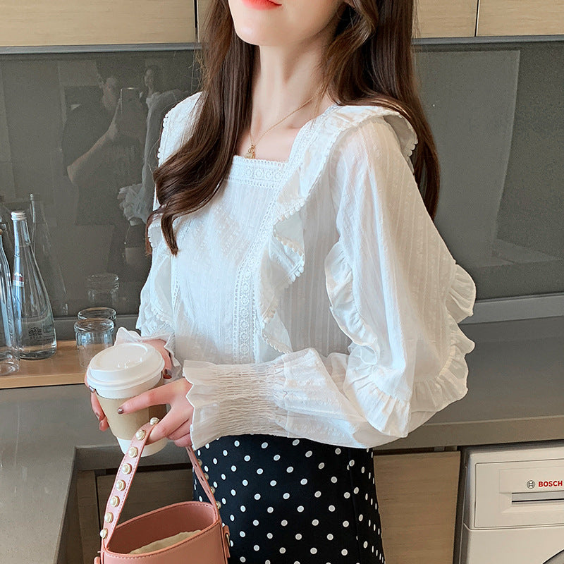 Women's Korean Style Long Sleeve Square Collar Ruffled Lace White Chiffon Blouse