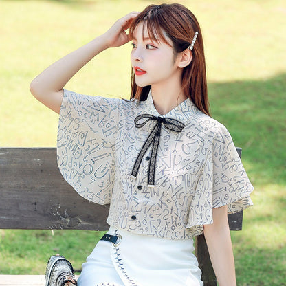 Women's Short Sleeve Printed Bow Chiffon Blouse