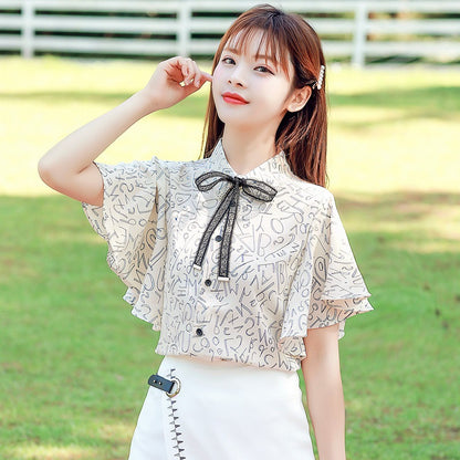 Women's Short Sleeve Printed Bow Chiffon Blouse