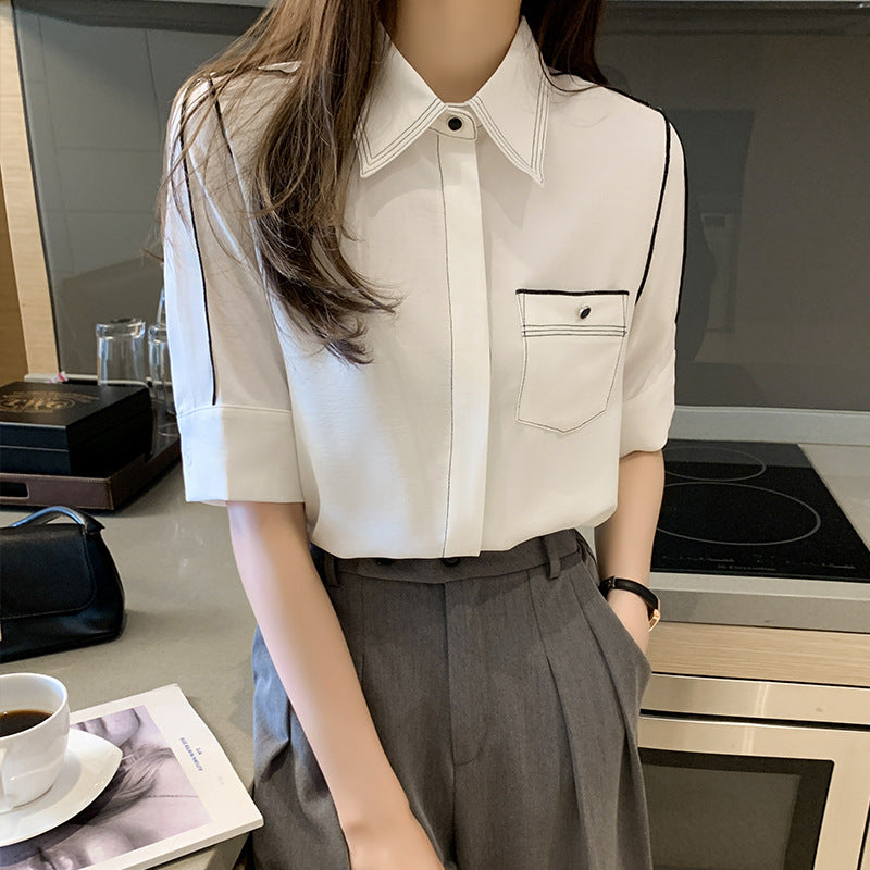 Women's White Short Sleeves Chiffon Blouse