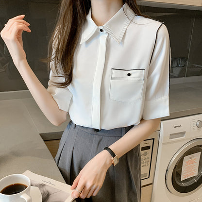 Women's White Short Sleeves Chiffon Blouse