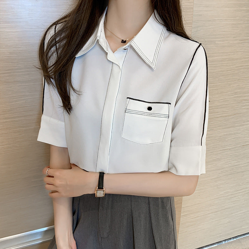 Women's White Short Sleeves Chiffon Blouse