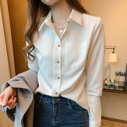 Women's White Long Sleeve Chiffon Blouse