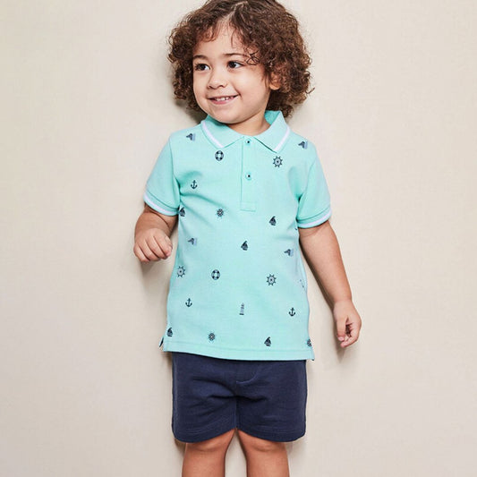 Boys' Turn-down Collar Top and Shorts Two-Piece Set