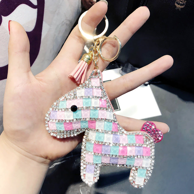 Korean version cartoon full diamond pony keychain, cute and fashionable leather doll, car keychain bag, pendant wholesale