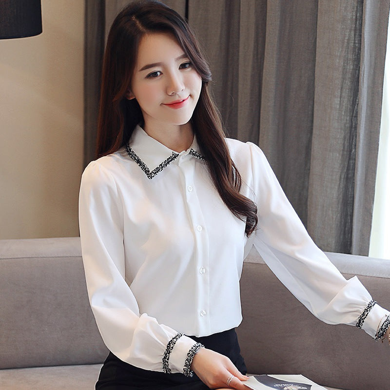 Women's Korean Style Long Sleeve White Blouse