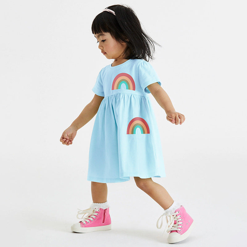 Rainbow Print Girls' Cotton Priness Dress