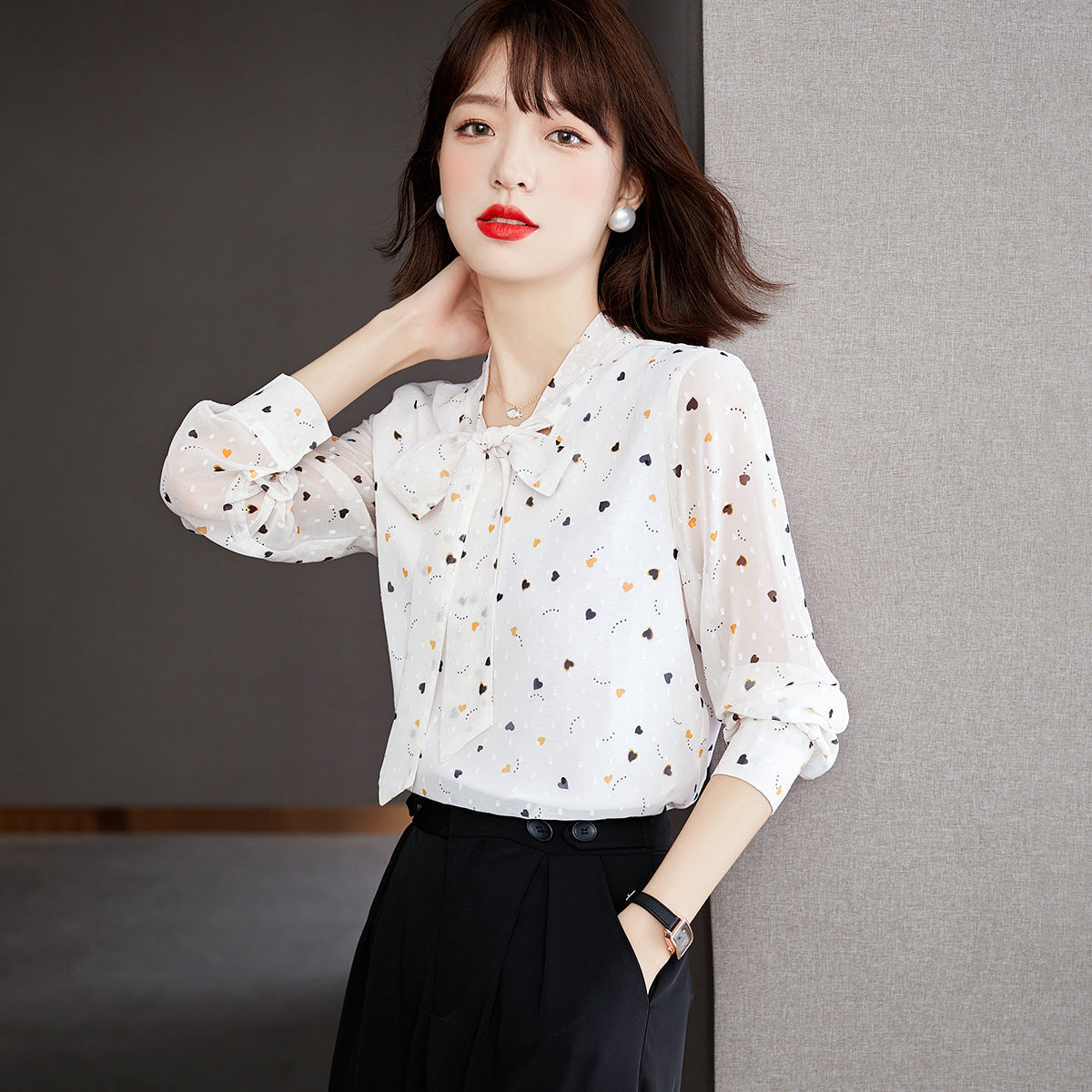 Women's Floral Bow Long Sleeve Chiffon Blouse