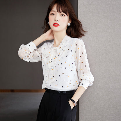 Women's Floral Bow Long Sleeve Chiffon Blouse