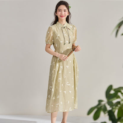 Elegant Tencel Embroidery Floral Qipao Dress