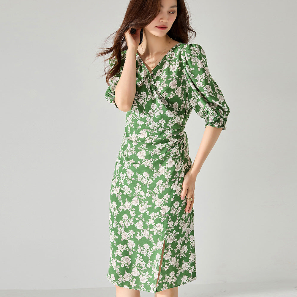 French Green Ruched Floral Wrap Midi Dress