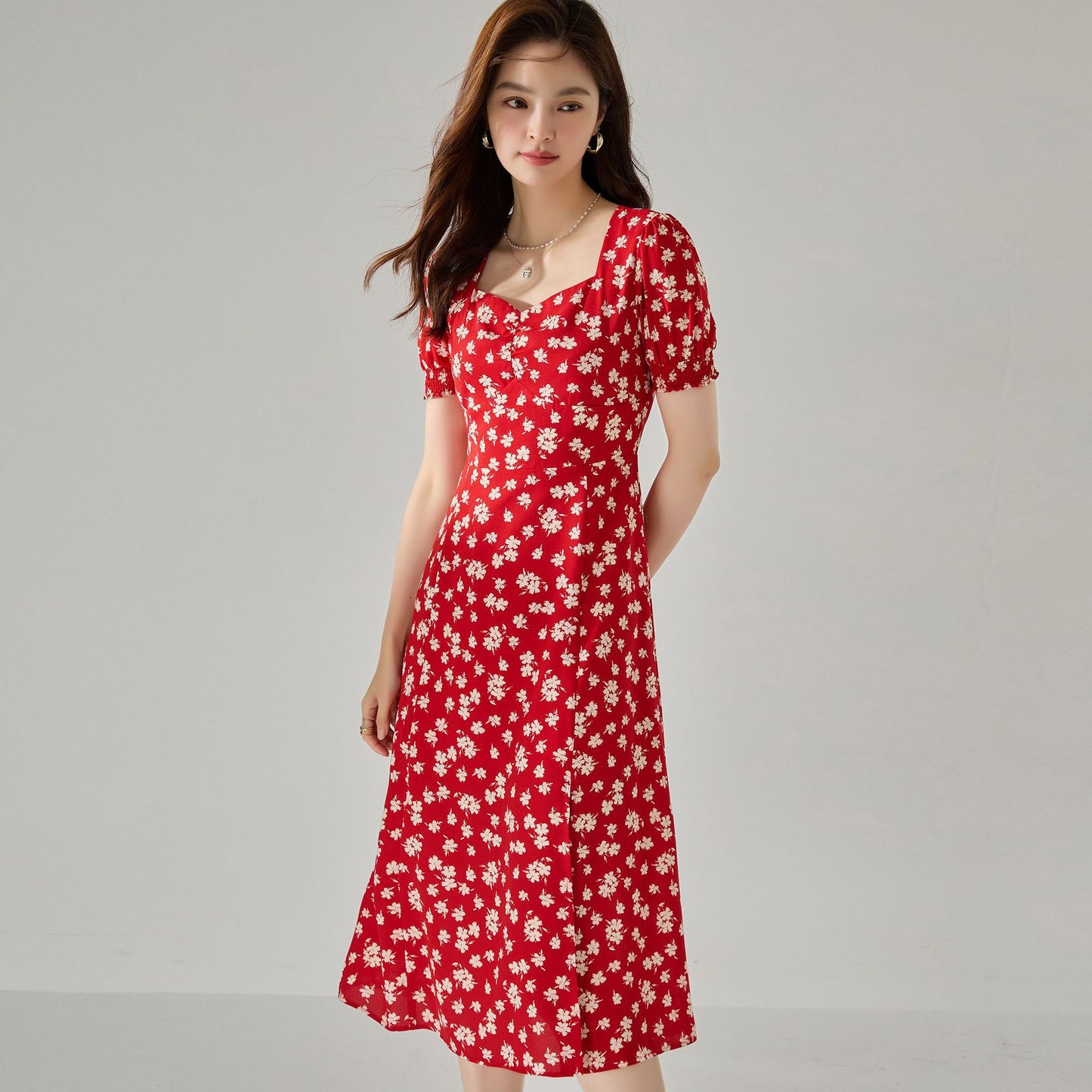 Elegant French Red Floral Slit Puff Sleeve Midi Dress