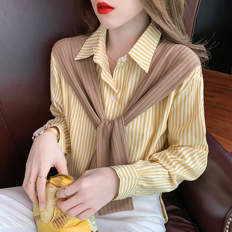 Women's Striped Fake Two-Piece Shawl Long Sleeve Blouse