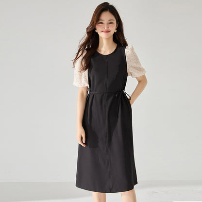 Elegant Black & Polka Dot Panel Straight Dress