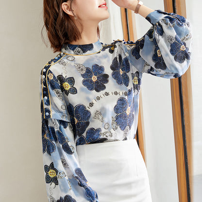 Women's Lantern Sleeves Floral Chiffon Blouse